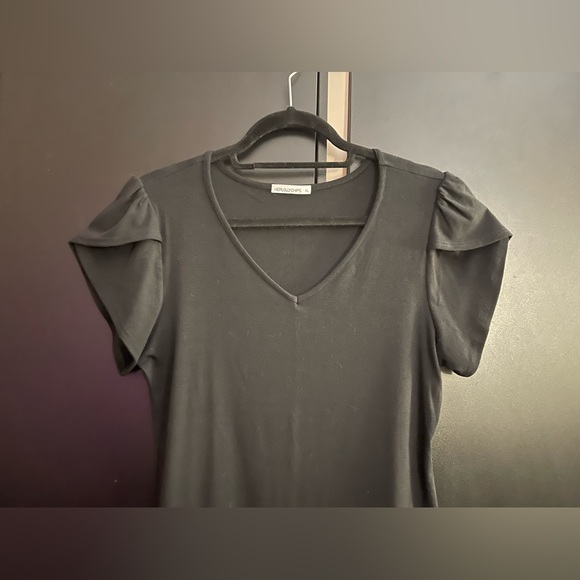 Black V Neck Short Sleeve Tee with Cute Layered Sleeve Detailing - Picture 5 of 6